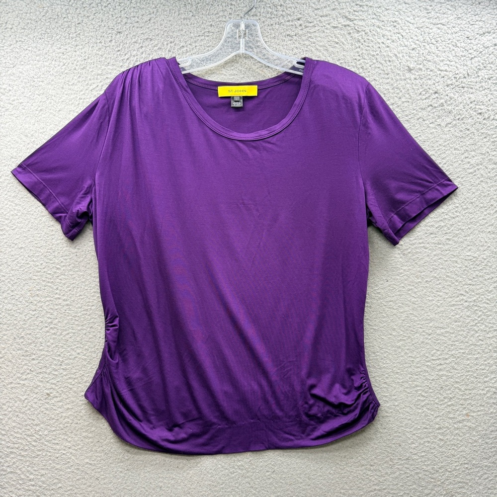 St. John Couture Womens Short Sleeves Purple Top Blouse Ruched Stretchy Size L